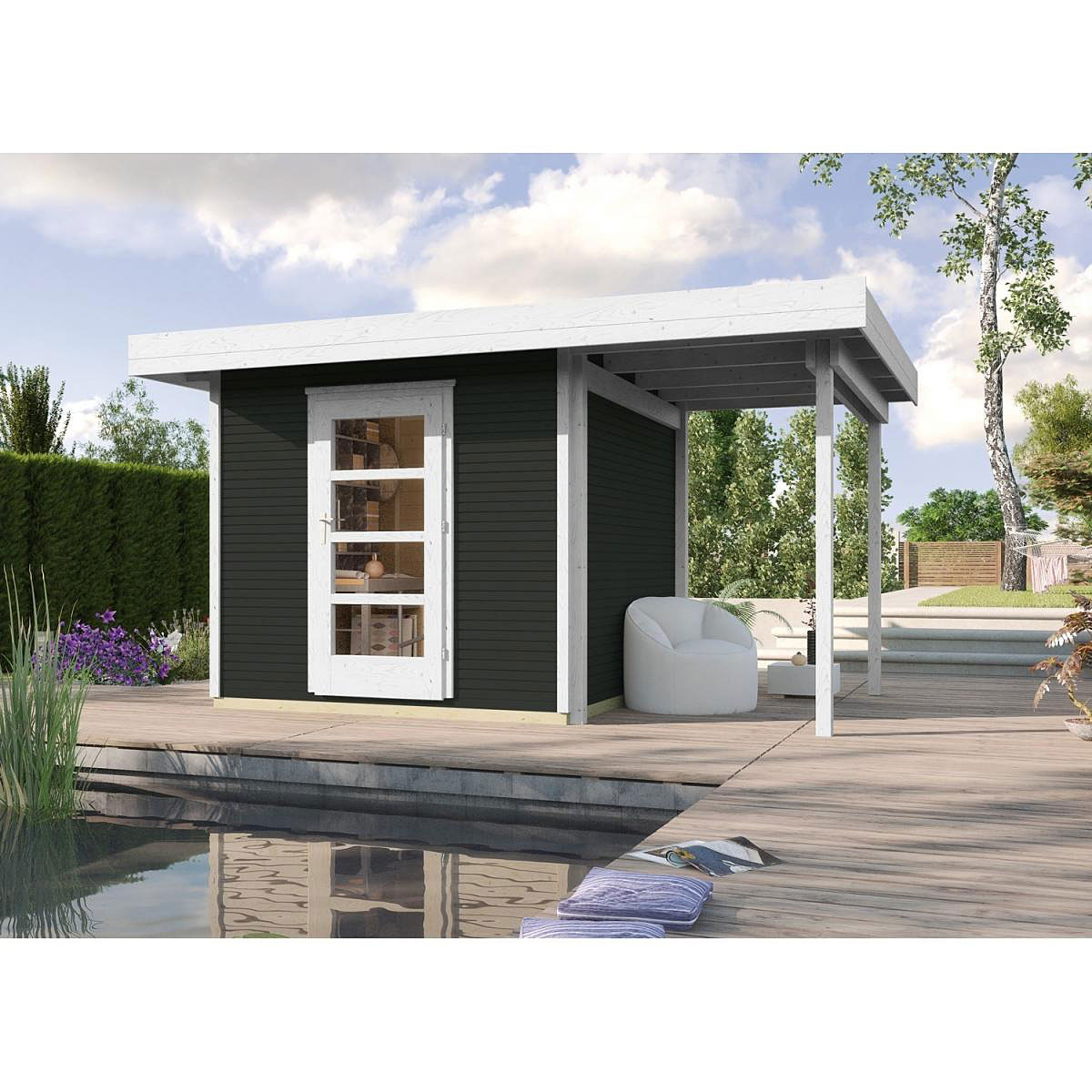 Weka Holz-Gartenhaus wekaLine Anthrazit 210 cm x 205 cm mit Anbau 150 cm
