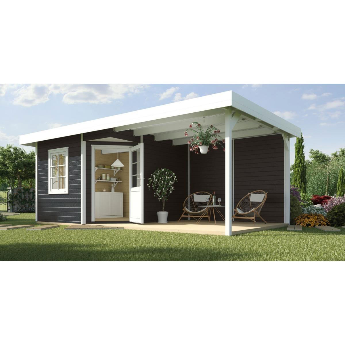 Weka Holz-Gartenhaus San Remo B Anthrazit-Weiß 641 cm x 298 cm