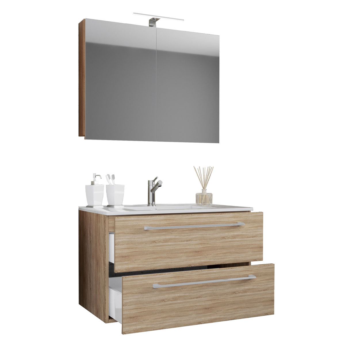 Waschplatz 60 cm 3-teilig 2 Schubfächer mit Spiegelschrank Sonoma-Eiche |  braun | beige | K000050543